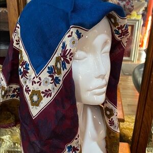 Floral Striped Boho Scarf in Blue, Burgundy & Mustard 30 x 29 inch